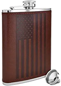 American Flag Flask - 8 oz Premium Soft Touch Leather Wrap | 18/8 304 Highest Food Grade Stainless Steel | Leak Proof Slim Hip Flasks | Classic American Flag Design | Bonus Funnel