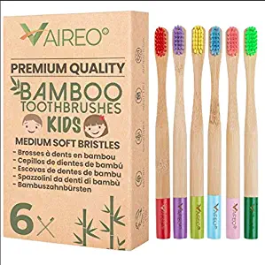 Vaireo Kids Bamboo Toothbrushes Eco Friendly Wooden Non Toxic Safe Colorful Biodegradable Non Plastic Recyclable Sustainable Pack of 6