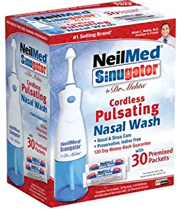 NeilMed Sinugator Cordless Pulsating Nasal Wash Kit with One Irrigator, 30 Premixed Packets and 3 AA Batteries