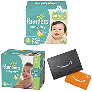 Diapers Size 2 (234 Count) and Size 3 (210 Count)- Pampers Baby Dry Disposable Baby Diapers, One Month Supply with $20 Gift Card