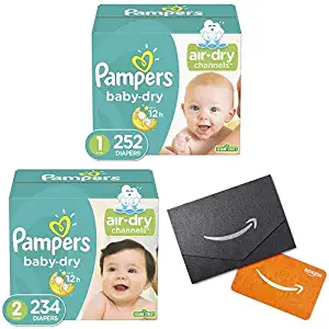 Diapers Newborn/Size 1 (252 Count) (8-14 lb) and Size 2 (234 Count), Pampers Baby Dry Disposable Baby Diapers, ONE Month Supply with $20 Gift Card