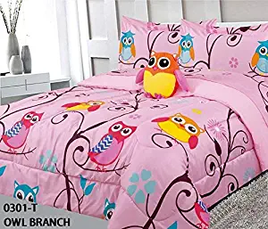 8 Piece Full Size Kids Girls Teens Comforter Set Bed in Bag with Shams, Sheet set and Decorative Toy Pillow, Owl Branch Print Pink Yellow Turquoise Girls Kids Comforter Bedding Set w/Sheets, F OB