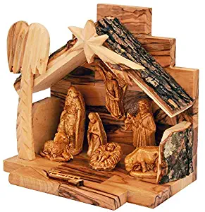 The Jerusalem Gift Shop Olive Wood Nativity Set with Figurines Bark Roof Stable | Made in Bethlehem with