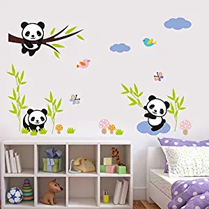 Home Find 3 Cute Little Pandas with Bamboo Decals Removable Vinyl DIY Art Murals Decor Stickers for Kids Children Nursery Rooms Home Decor