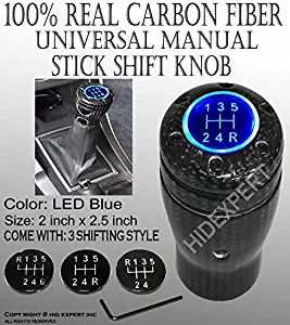 ICBEAMER 100% Carbon Fiber Shift Knob 5 6 Speed Stick Manual Transmission with Blue LED Light & 2 pcs CR2032 Battery