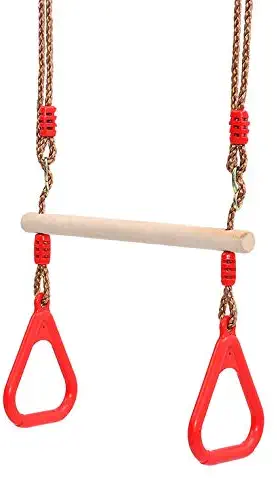 PELLOR Playground Children's Wooden Trapeze Swing Bar with Plastic Gym Rings for Indoor Outdoor Fun