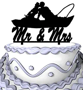 Meijiafei Fishing Couple in Boat Kissing Script Mr. and Mrs. Wedding Cake Topper