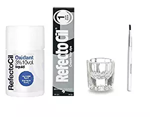 RefectoCil Pure Black Cream Hair Dye and Liquid Oxidant 3%1.7 oz., Color Kit with Mixing Brush and Dish