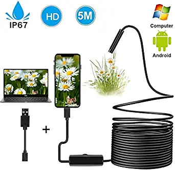 7mm USB Endoscope Inspection Camera 2.0 MP CMOS Snake Camera Borescope 2 in 1 Flexible HD Waterproof Tube Sink Drain Pipe Camera with 6 Led Light for PC/Laptop/Computer/OTG&UVC Android Phone-16.4ft/5M