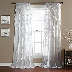 Lush Decor Riley Curtain Sheer Ruffled Textured Bow Window Panel for Living, Dining Room, Bedroom (Single) 84” x 54” White