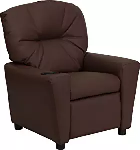 Contemporary Brown Leather Kids Recliner with Cup Holder