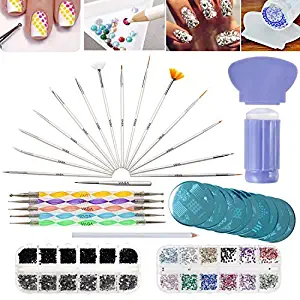 VAGA Manicure Set Nail Art Supplies Nail Kit 2 Boxes of 1500 Gemstones, Crystals, Gems, Stampers Scrapers, Stamping Plates, Dotting Tools, Nails Brushes and Rhinestones Decorations Picker Pencil