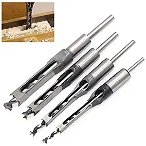 Emivery 4Pcs Woodworker Square Hole Drill Bits Mortising Chisel Set Hole Saw Drill Bit Kit Tool Set ，1/4" 5/16" 3/8" 1/2"