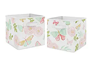 Sweet Jojo Designs Blush Pink, Mint and White Watercolor Rose Organizer Storage Bins for Butterfly Floral Collection - Set of 2