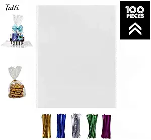 100 Pcs 12x16 Clear Flat Cello/Cellophane Treat Bags for Gift Wrapping, Bakery, Cookie, Candies, Dessert, Party Favors Packaging, with Color Twist Ties!