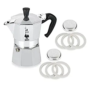 Original Bialetti 1-Espresso Cup Moka Express | Espresso Maker Machine and Genuine Bialetti, Six Replacement Gaskets and Two Bialetti Replacement Filter Plates Bundle (1-cup, 2.0 fl oz, 60 ml)