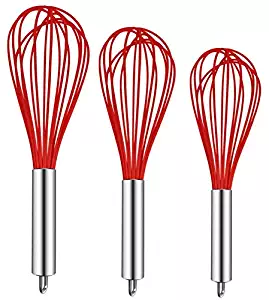 TEEVEA (Upgraded) 3 Pack Very Sturdy Kitchen Whisk Silicone Balloon Wire Whisk Set Egg Beater Milk Frother Kitchen Utensils Gadgets for Blending Whisking Beating Stirring Red
