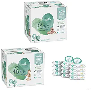 Pampers Bundle - Pure Disposable Baby Diapers Sizes 1, 198 Count & 2, 186 Count with Pampers Sensitive Water-Based Baby Wipes, 12 Pop-Top and Refill Combo Packs, 864 Count