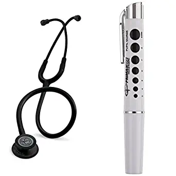 3M Littmann Classic III Stethoscope, Black Edition Chestpiece, Black Tube, 27 inch, 5803 and Primacare DL-9325 Reusable LED Penlight with Pupil Gauge bundle