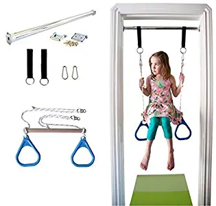DreamGYM Indoor Swing Trapeze Bar and Gymnastic Rings Combo for Doorway Gym - Blue