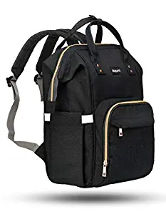 ZUZURO Diaper Bag Backpack - Waterproof w/Large Capacity & Multiple Pockets for Organization. Ideal for Travel Nappy Bags - W/Insulated Bottle Pocket. 2 Stroller Hooks Incl. (BABY-BAG-BLACK)