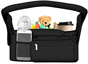 DTNO.I Baby Stroller Organizer with Cup Holders, Universal Stroller Organizer with Shoulder Strap & Detachable Zippered Bag, Baby Trend Stroller Organizer Bag Fits Uppababy, Baby Jogger, BOB & Britax