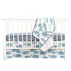 Sahaler Baby Crib Bedding Set for Boys | 3 Pieces Set of Whale Nursery Bedding | Baby Blanket & Fitted Crib Sheets & Skirt - Whale