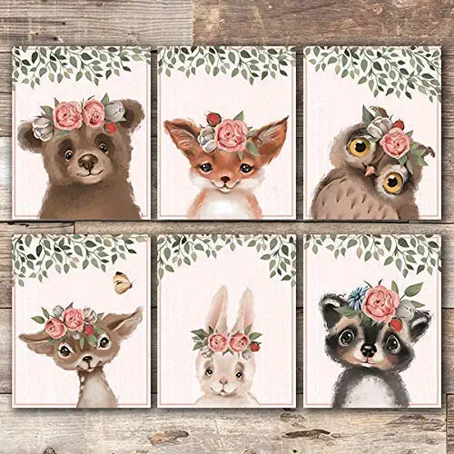Woodland Animals Nursery Wall Art Prints (Set of 6) - Unframed - 8x10s | Floral Crowns