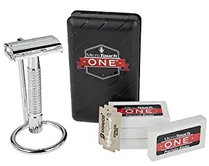 Premium Quality MicroTouch ONE Nostalgic Safety Razor Double Edge Butterfly Open Shaving + 24pc Razor Blades + Razor Stand + Travel Case