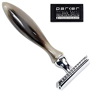 Parker 11R Genuine Ox Horn Handle Double Edge Safety Razor & 5 Double Edge Blades