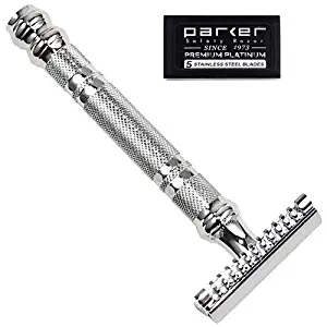 Parker 24C -Three Piece Open Comb Double Edge Safety Razor & 5 Premium Double Edge Blades