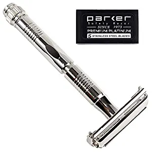 Parker 90R - Long Handle Butterfly Open Double Edge Safety Razor and 5 Blades