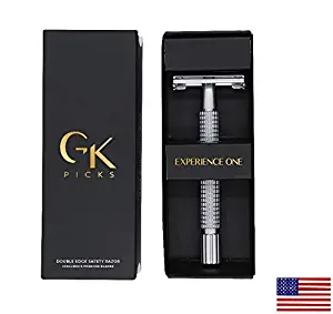 GK Picks - Premium Long Handle Safety Razor with Butterfly Opening - 100% Brass With Matte Finish - Includes 5 Blades - Perfect Holiday Gift