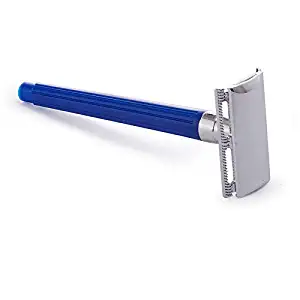 PYDDIN Double Edge Safety Razor, Open Comb, Classic 3-Piece Wet Shaving Razor, Blue Plastic Handle, with 2 piece Razor Blades in Gift Packaging, Fits All Double-edge Blades